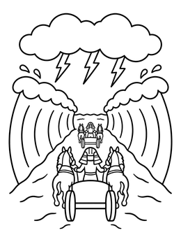 A moses and the red sea coloring page showing chariots rushing between towering sea walls.