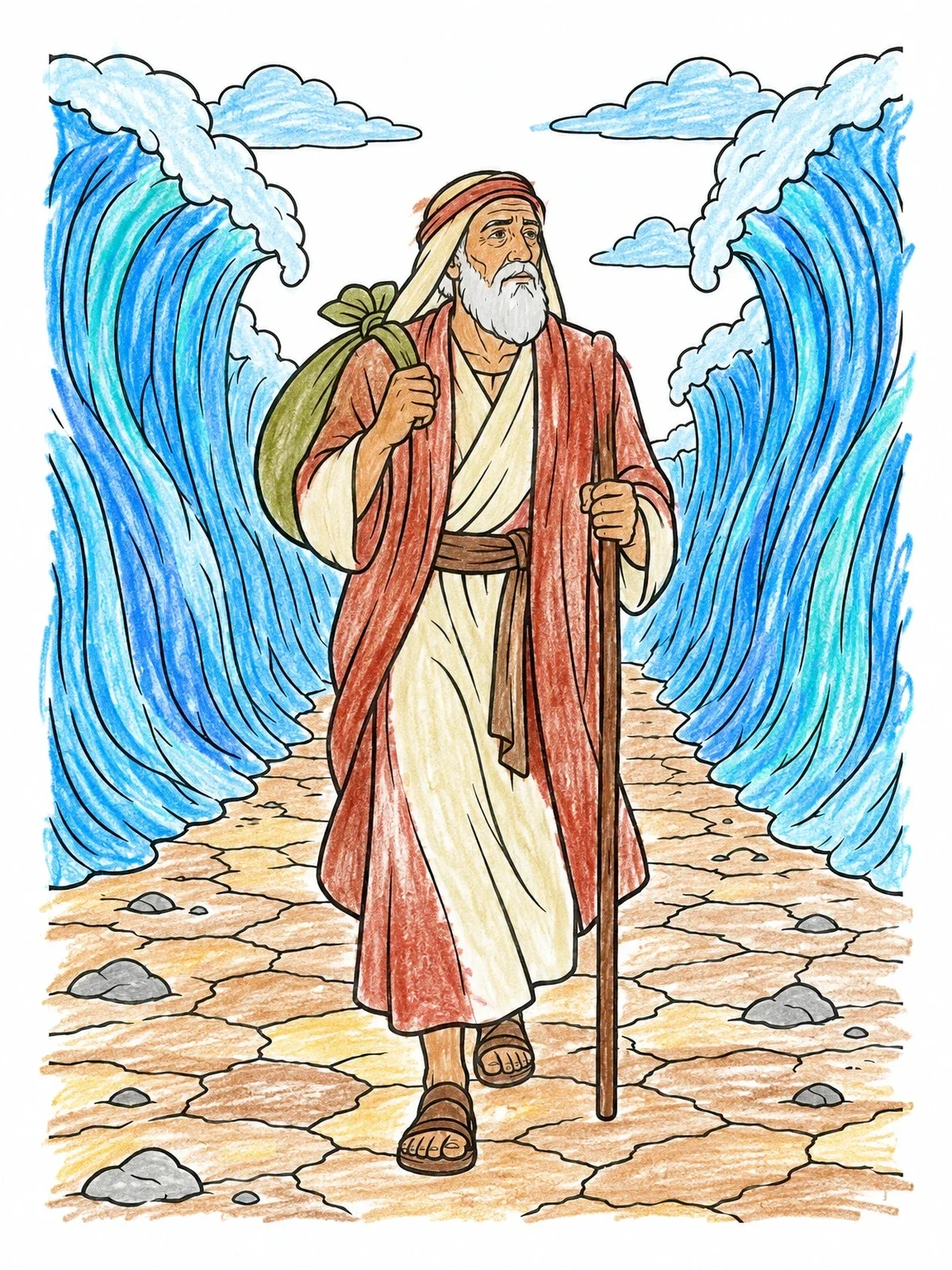 Colored example of the Traveler Crossing The Parted Sea coloring page