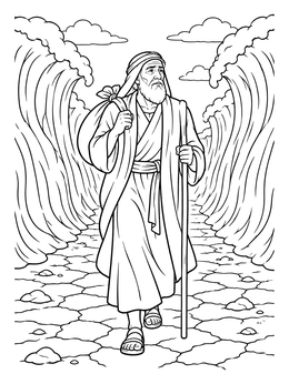 An elderly traveler walks the seabed on this moses and the red sea coloring page.
