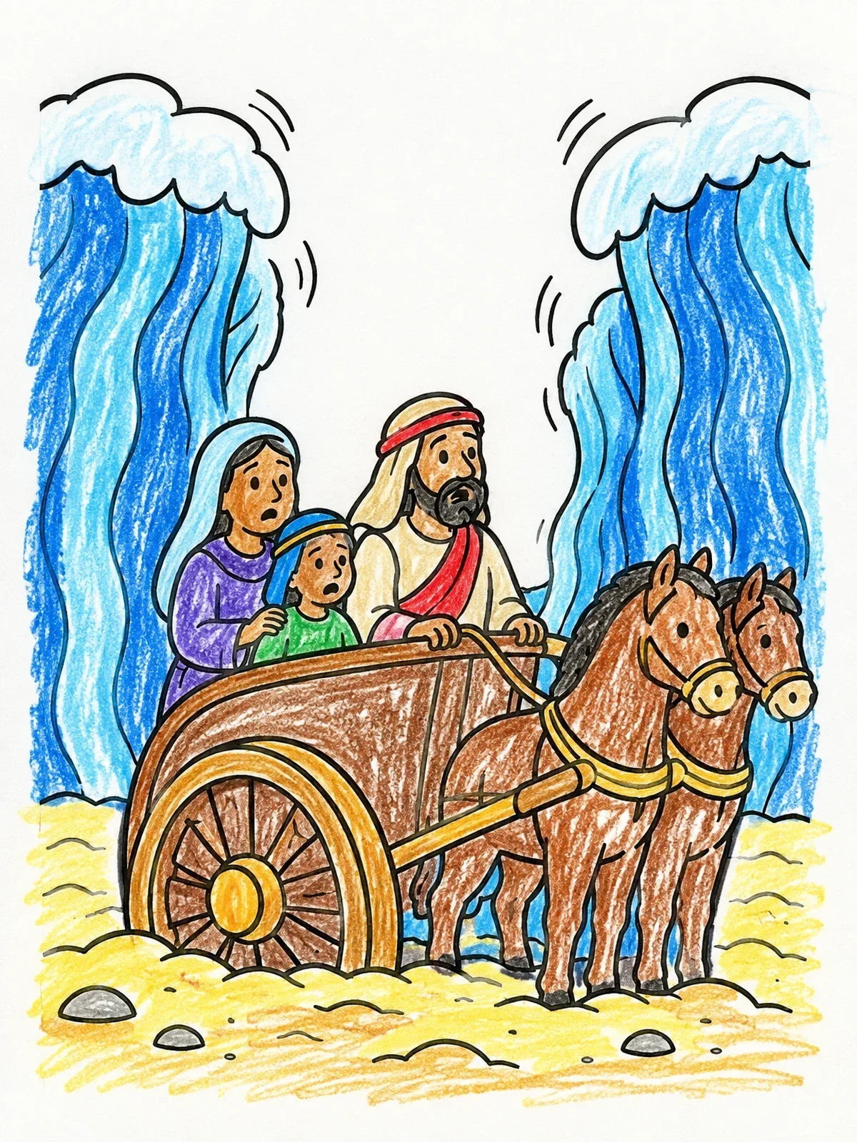 Colored example of the Family In Chariot Crossing Parted Sea coloring page
