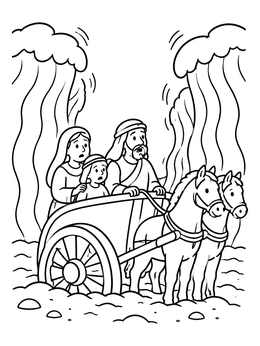 A family rides a horse chariot in this moses and the red sea coloring page between tall waves.