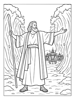 A detailed moses and the red sea coloring page showing Moses holding a staff between giant ocean waves.