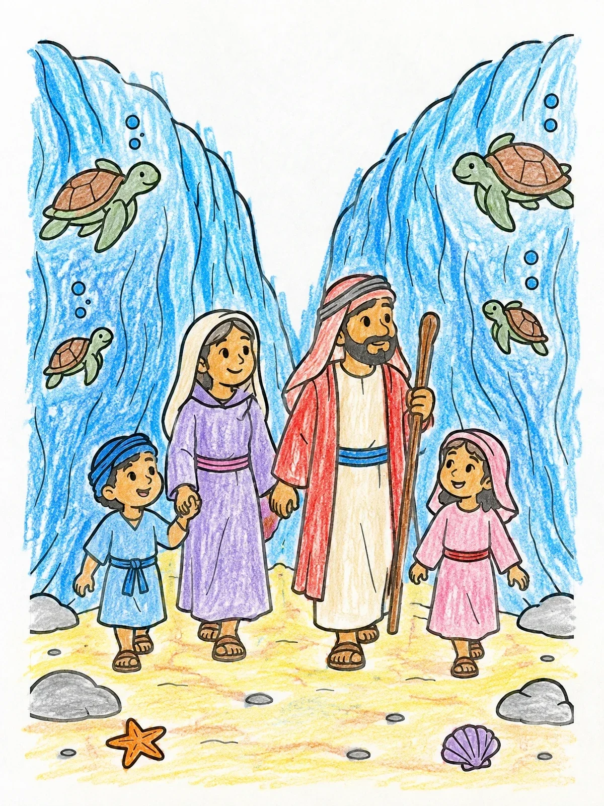 Colored example of the Family Crossing The Parted Red Sea coloring page