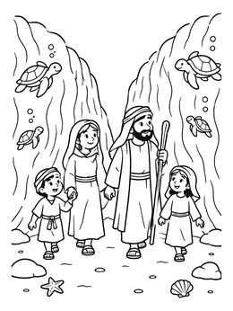 A family walks on the seabed in this moses and the red sea coloring page with swimming turtles.