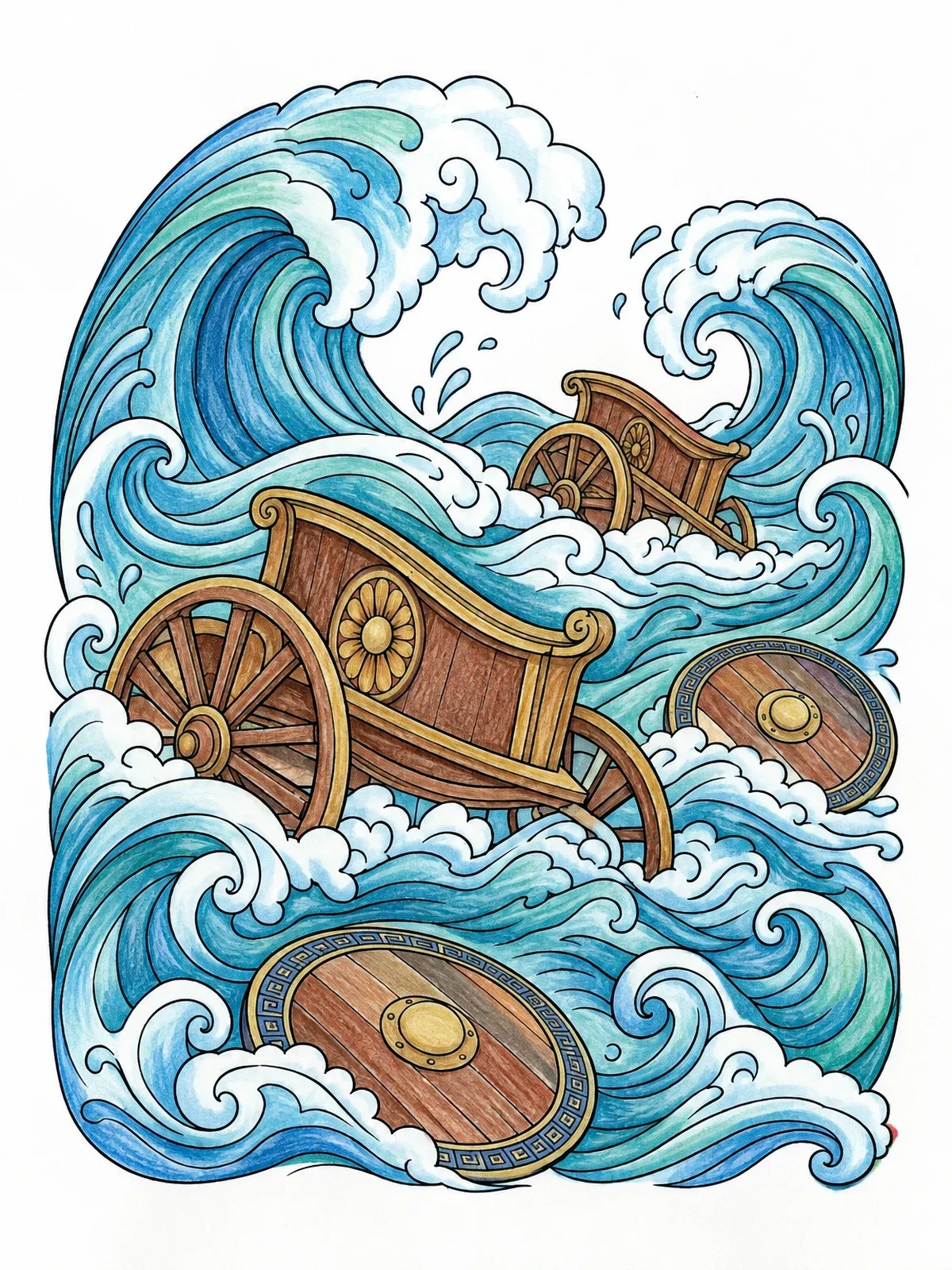 Colored example of the Collapsing Waves Over Ancient Chariots coloring page