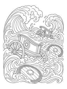 Dramatic moses and the red sea coloring page showing crashing ocean waves submerging ancient chariots and shields.