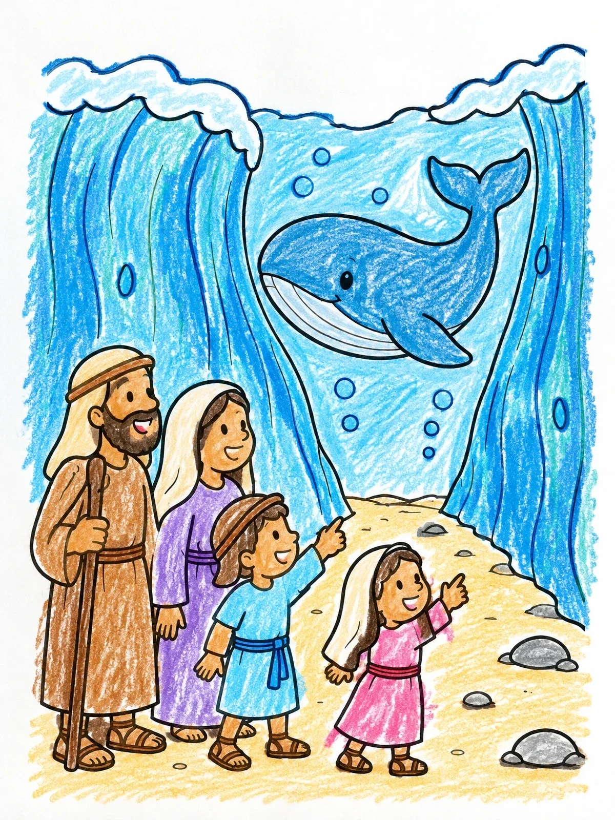 Colored example of the Family Watching Whale In Parted Sea coloring page