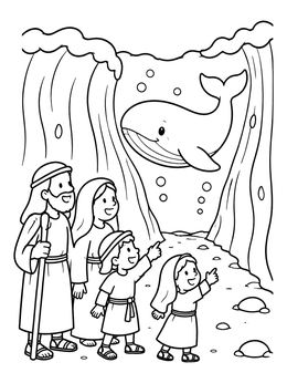 A family gazes at a whale in this moses and the red sea coloring page.