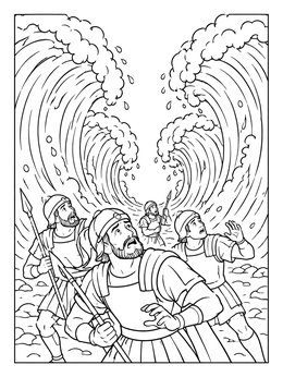 A moses and the red sea coloring page with astonished soldiers looking up at massive crashing waves.