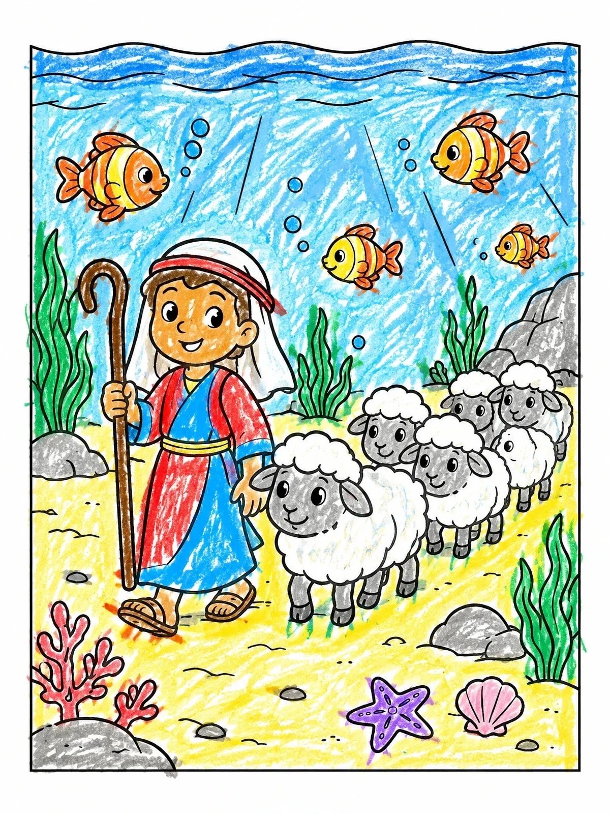 Colored example of the Young Shepherd Crossing The Sea Floor coloring page