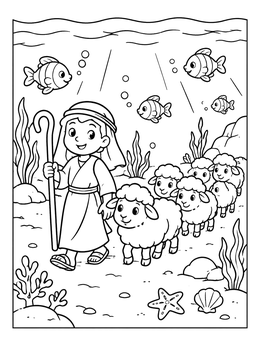 A moses and the red sea coloring page showing a boy leading cute sheep along the seabed.