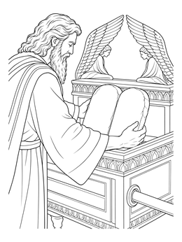 Moses coloring page showing the prophet placing the stone tablets into the Ark of the Covenant.