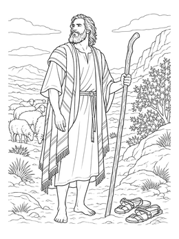 Barefoot shepherd in a moses and the burning bush coloring page scene.