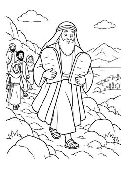 A friendly moses coloring page showing him holding the two stone tablets on a mountain path.