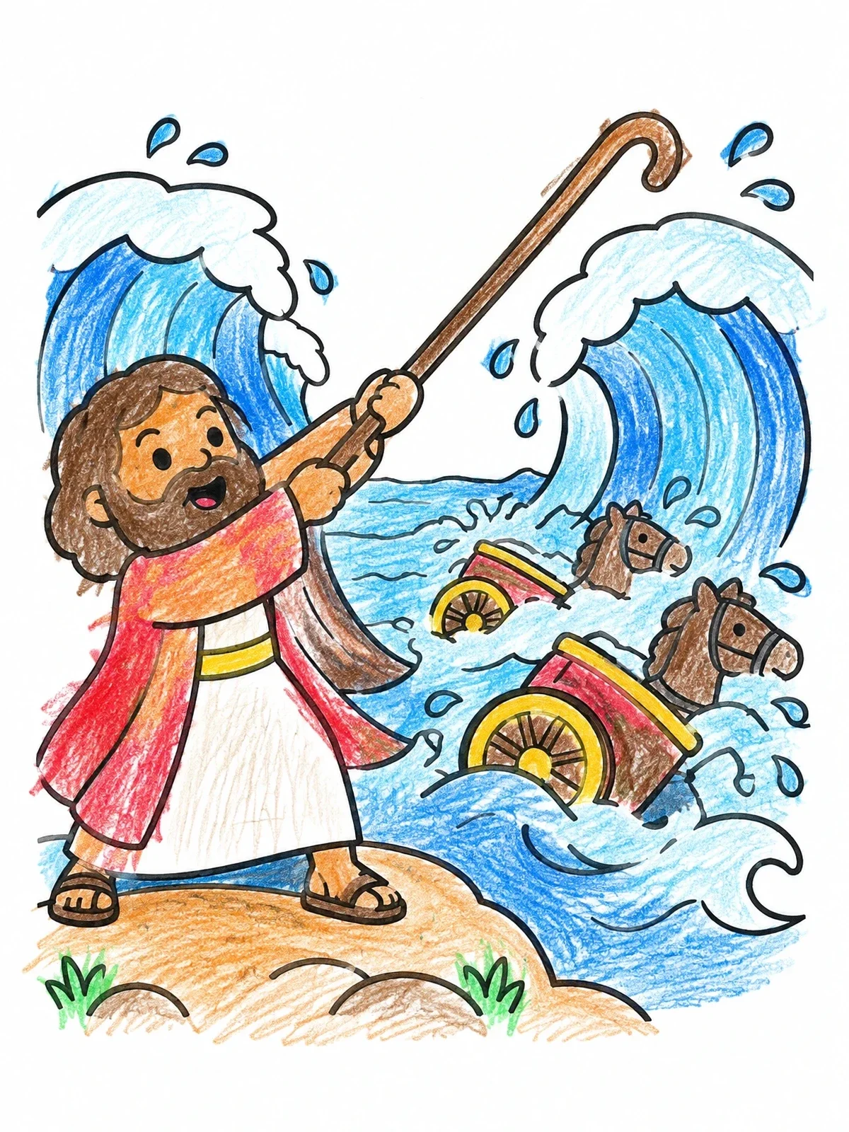 Colored example of the Moses Closing The Red Sea coloring page
