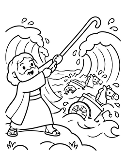 A friendly moses and the red sea coloring page showing crashing waves over chariots.
