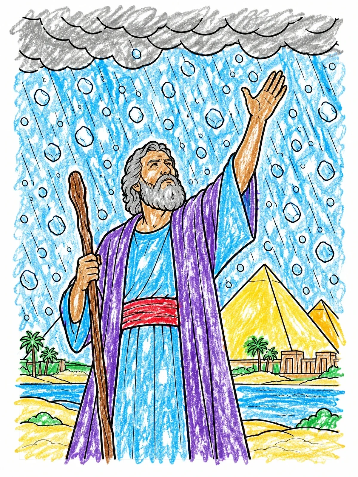 Colored example of the Moses And The Hailstorm Plague coloring page