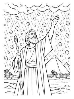 Detailed moses coloring page showing the prophet calling down a hailstorm over Egyptian pyramids.