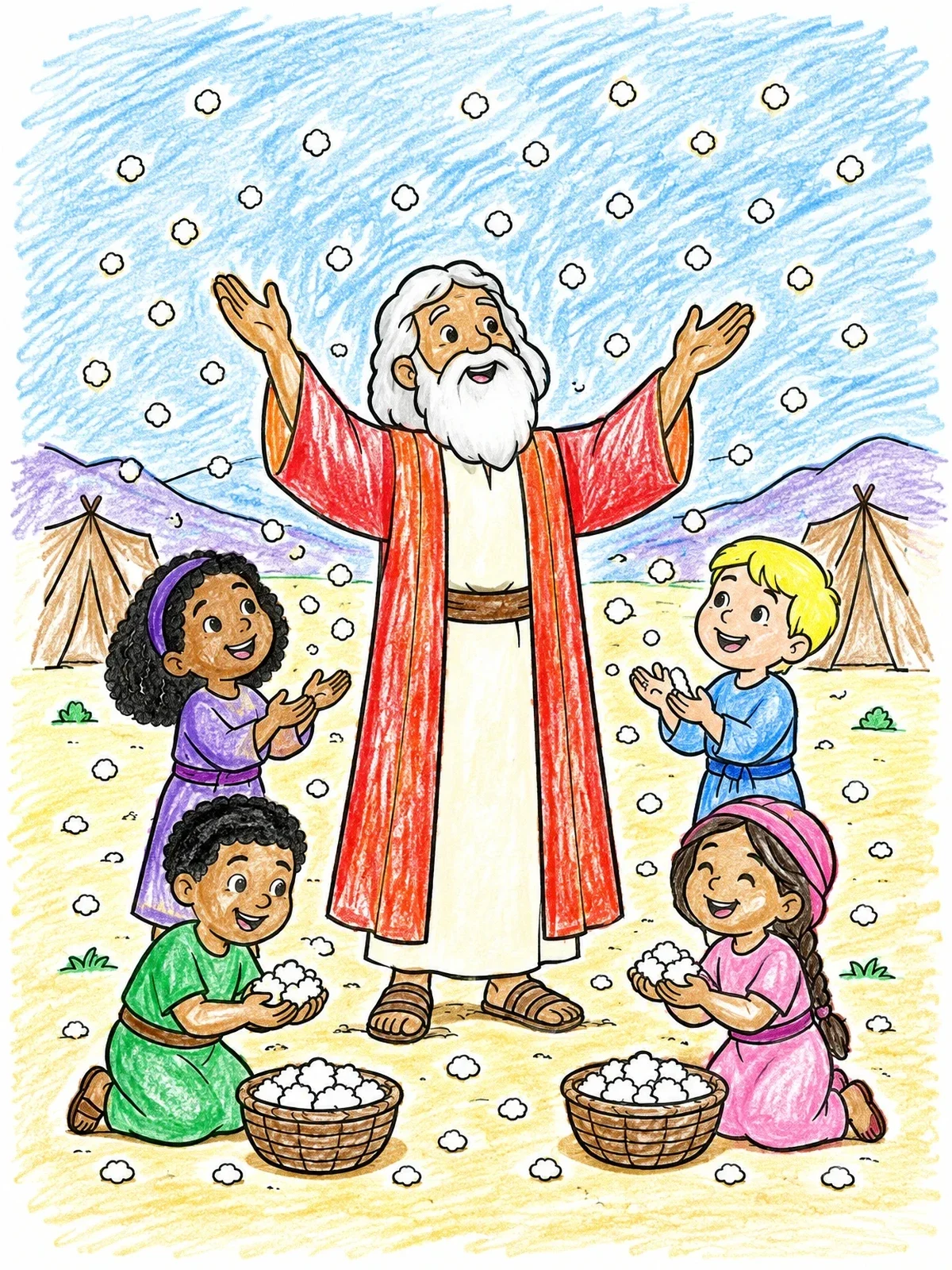 Colored example of the Moses And The Heavenly Manna coloring page