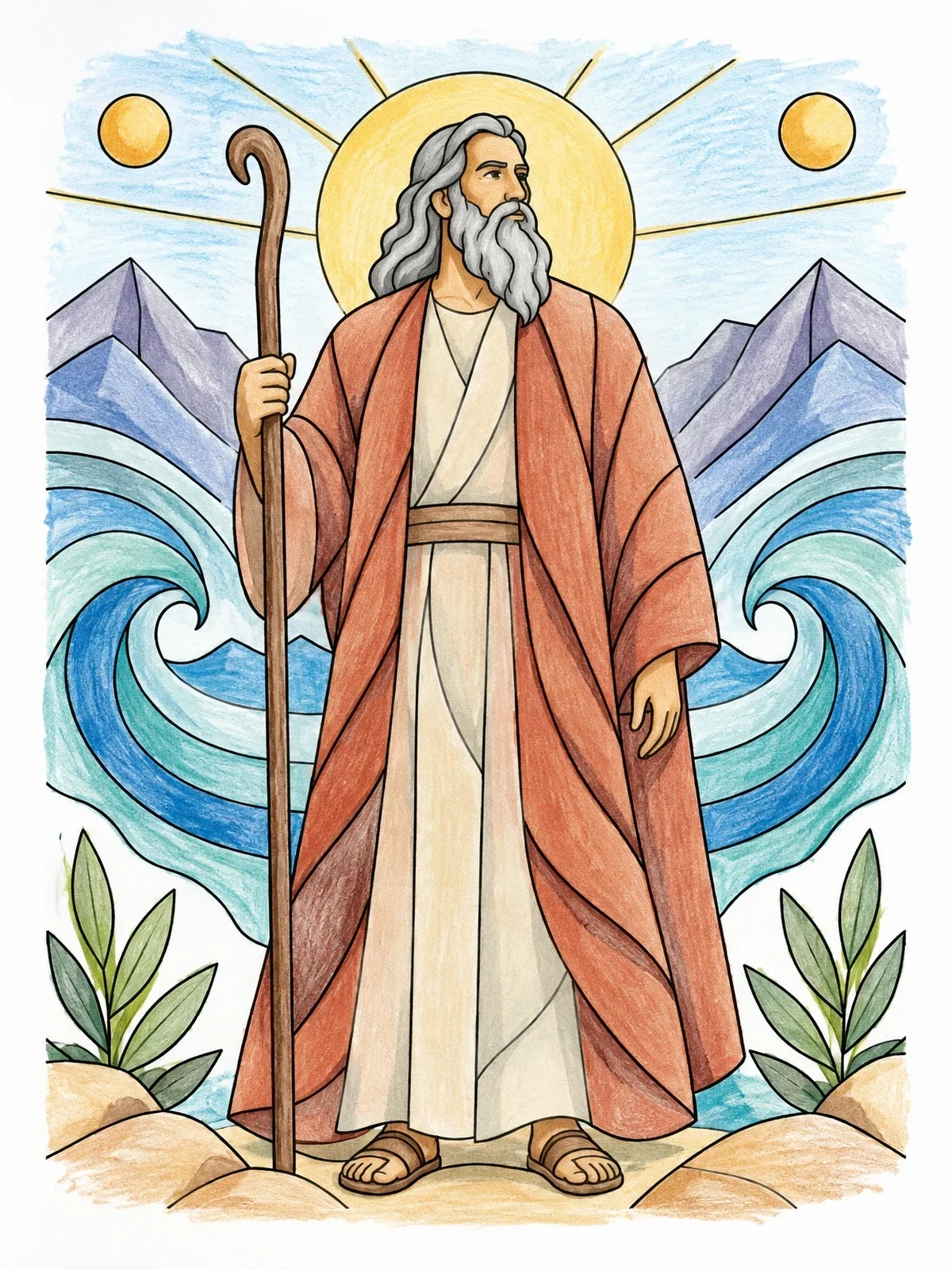 Colored example of the Moses Holding Staff By The Sea coloring page