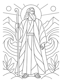 Moses coloring page showing the prophet standing with a staff against parted waters and mountains.