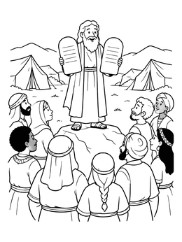 Moses holding stone tablets before a crowd on this moses coloring page.