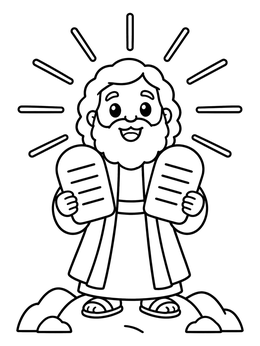 A happy cartoon moses coloring page showing him holding the two stone tablets with rays of light.