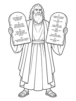 Detailed moses coloring page showing the biblical prophet holding two stone tablets with the commandments.