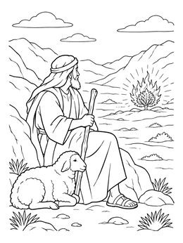 Moses resting with a lamb on this Moses and the burning bush coloring page.