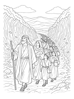 Detailed moses and the red sea coloring page showing people walking between towering water walls.