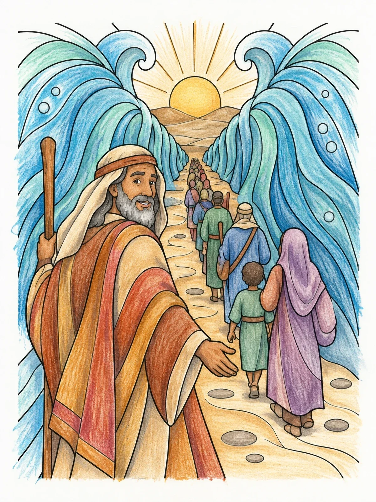 Colored example of the Moses Leading The Exodus Through Waters coloring page