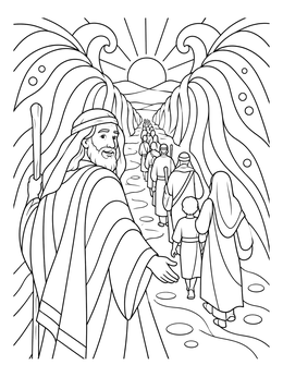 A detailed moses and the red sea coloring page showing Moses guiding followers through parted waves.