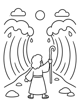 A simple moses and the red sea coloring page showing Moses holding a staff between parted waves.