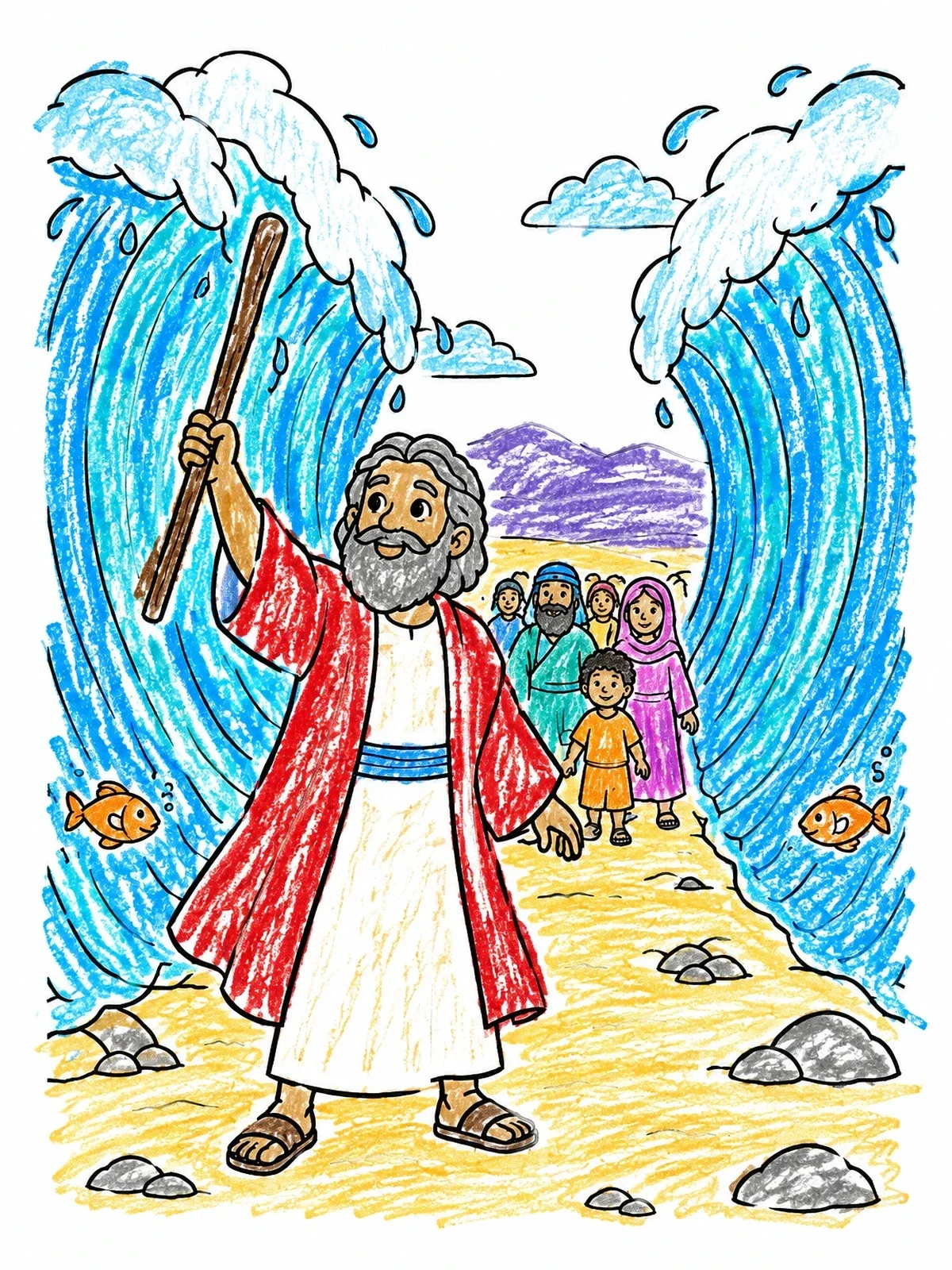 Colored example of the Moses Parting The Red Sea coloring page