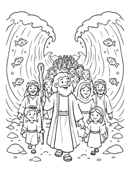 A cheerful crowd walks forward in this moses and the red sea coloring page between tall waves with swimming fish.