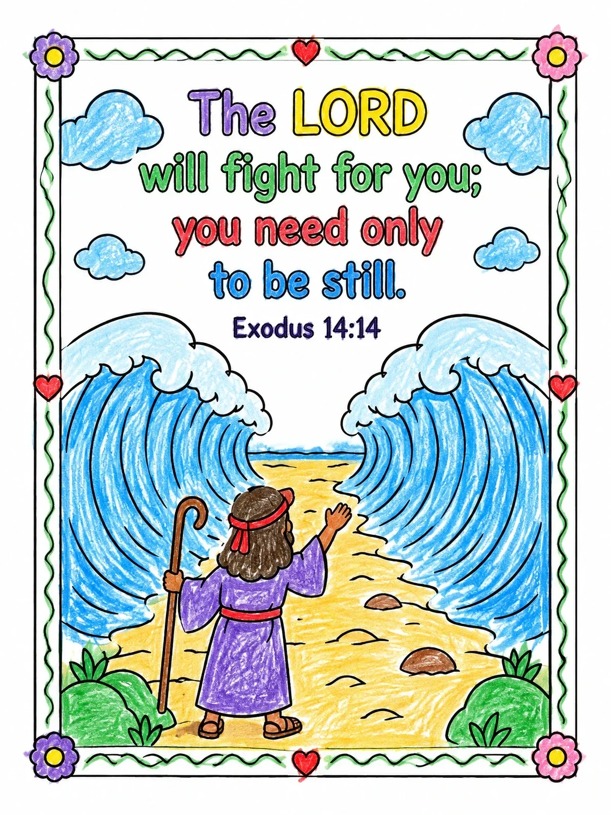 Colored example of the Moses And Parting Red Sea Bible Verse coloring page