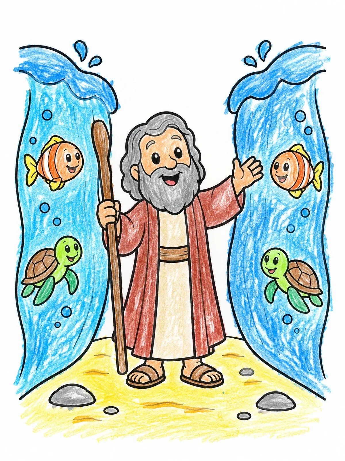 Colored example of the Moses Parting The Sea With Sea Life coloring page