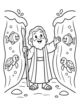 Moses coloring page showing parted water with smiling fish and turtles.