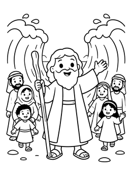 Happy Moses coloring page leading his people through the parted Red Sea.