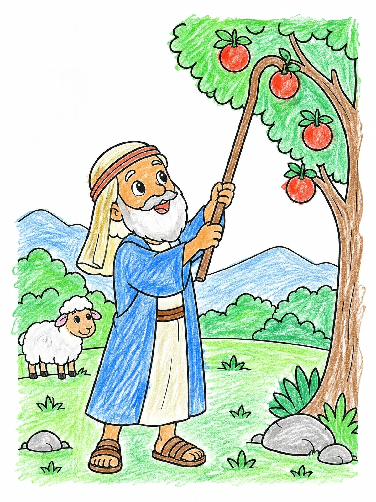 Colored example of the Moses Picking Fruit With Shepherd Crook coloring page