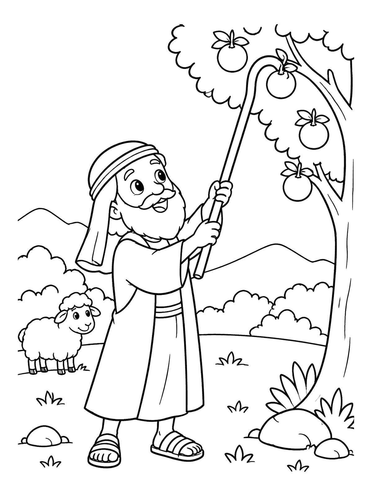 Using Crook Moses Picking Fruit With Shepherd Crook Coloring Page