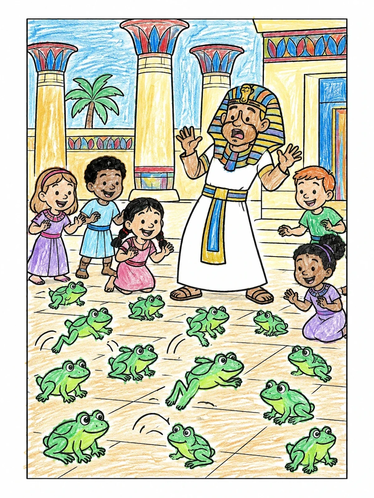 Colored example of the Plague Of Frogs In Egypt Palace coloring page