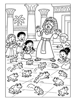 A surprised Pharaoh and kids watching frogs hop around on this moses coloring page.