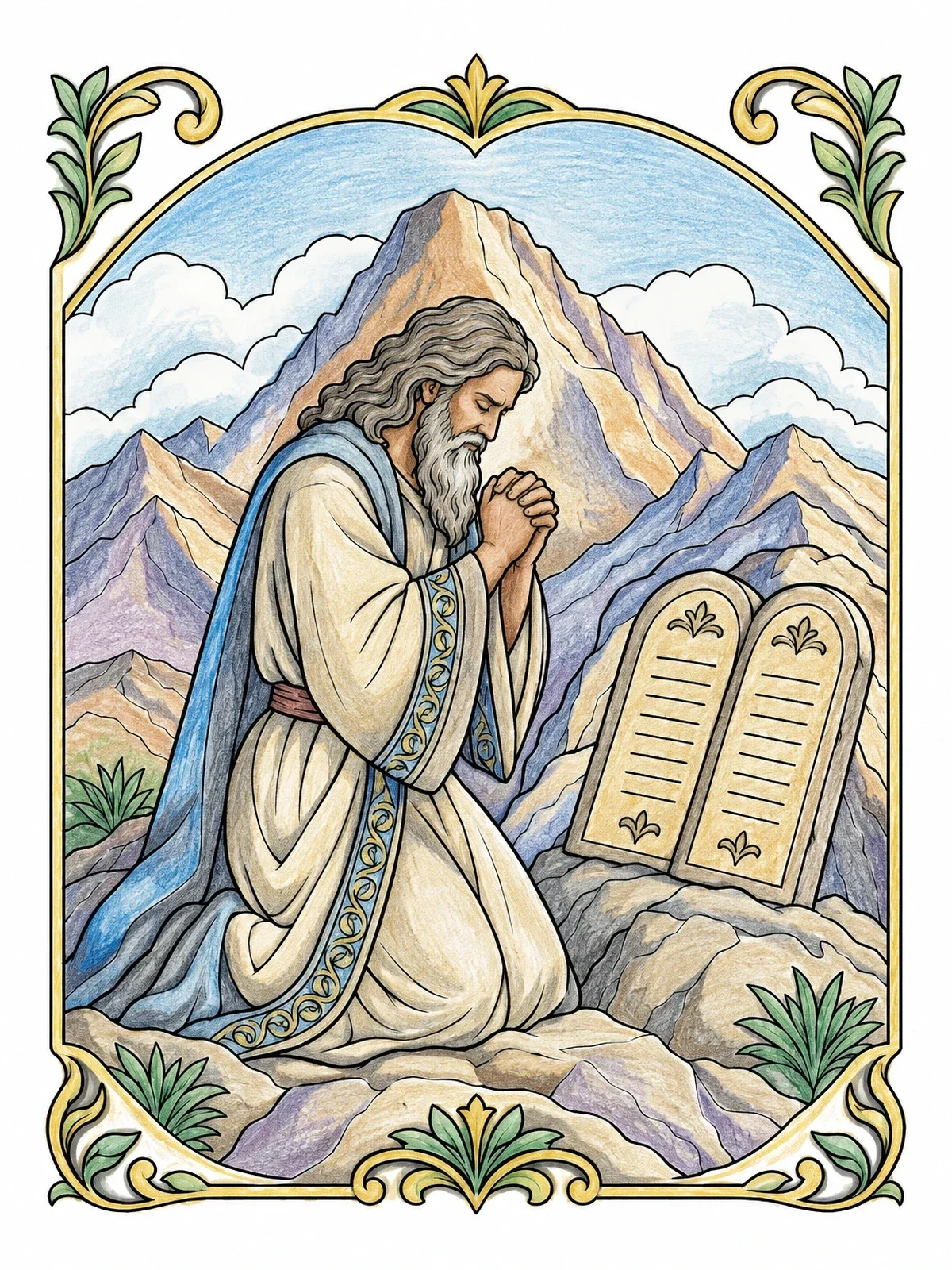 Colored example of the Moses Praying On Mount Sinai coloring page