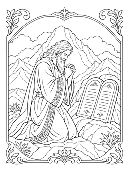 Moses coloring page showing him kneeling in prayer on Mount Sinai near the stone tablets.
