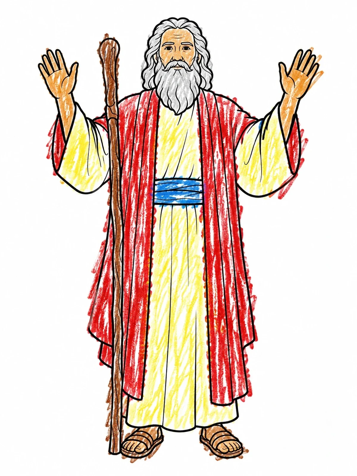 Colored example of the Moses Raising Hands With Staff coloring page