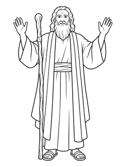 A detailed moses coloring page showing the prophet with raised hands holding a wooden staff.