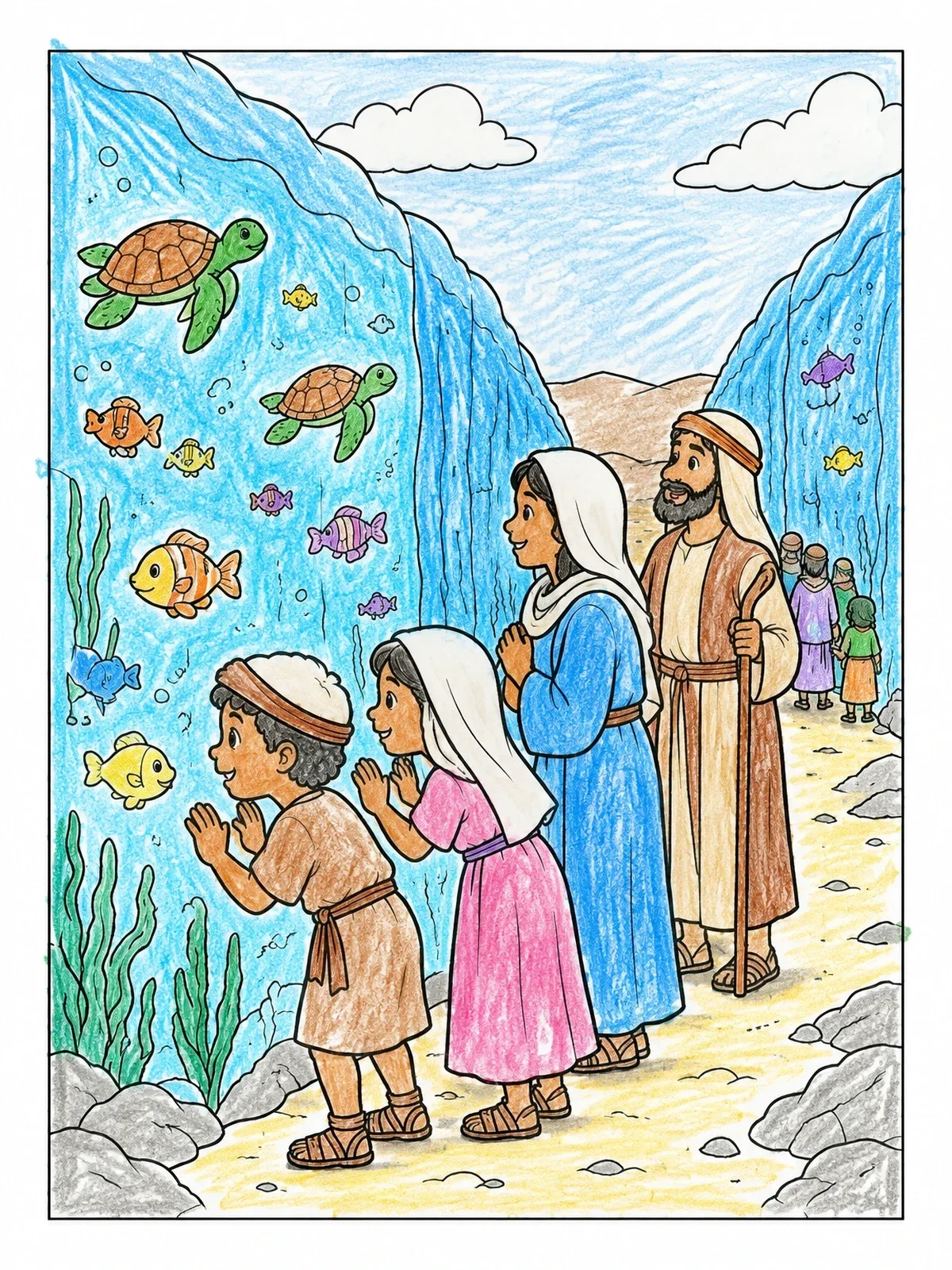 Colored example of the Children Watching Sea Life At The Red Sea coloring page