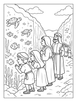 A family walks through the parted waters in this moses and the red sea coloring page.