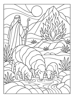 A detailed moses and the burning bush coloring page showing sheep drinking by a spring in a desert landscape.